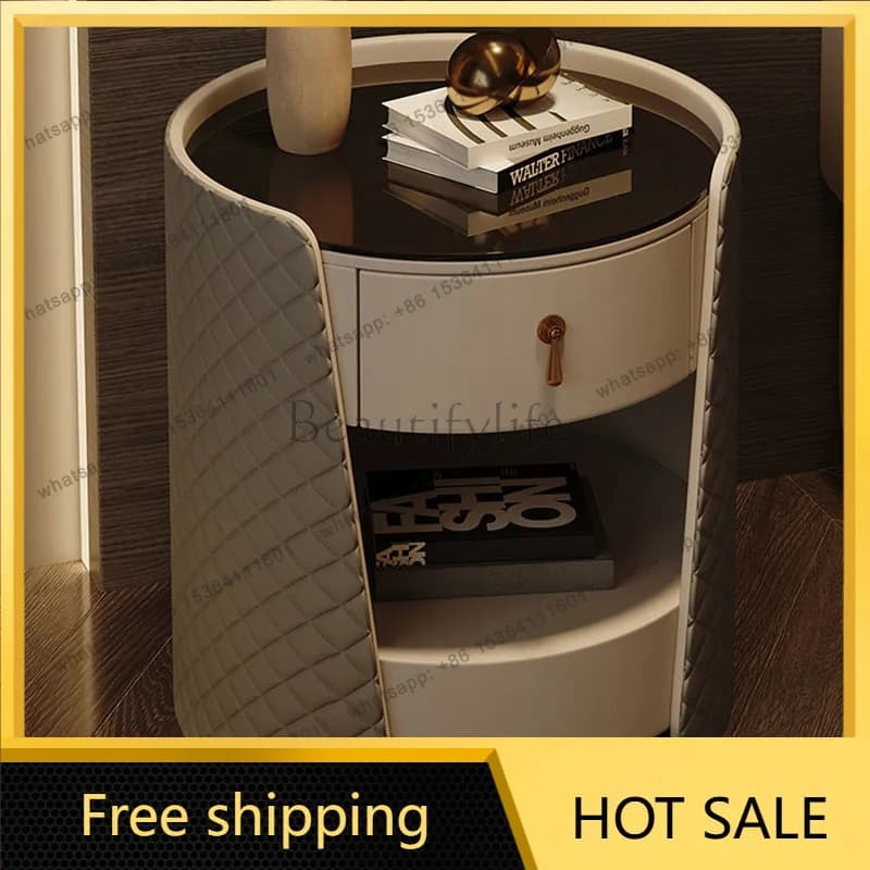 LJY Round Leather Nightstand Italian Minimalist Design with Quartz Top Luxury Storage Cabinet for Bedroom Aesthetic Side Table