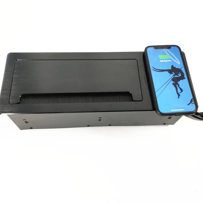 EU Schuko Power Outlet Hidden in Conference Tabletop  Flip Cover Brush Data Wire Grommet Box Socket Box with Wireless Charging