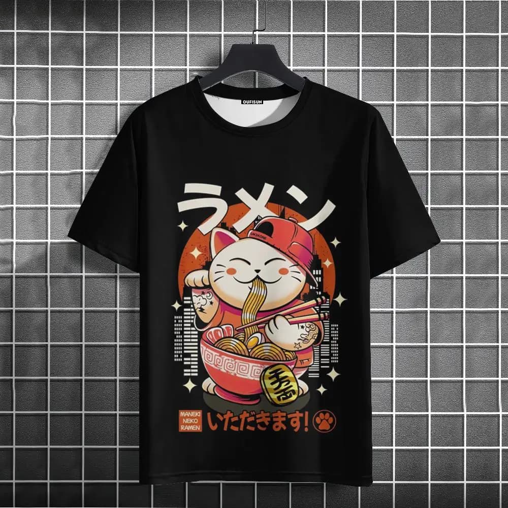 Cartoon Cat 3D Print T Shirt For Men Casual O-neck Short Sleeve Tops Funny Ramen Pattern Oversized T-shirts Fashion Tee Clothing
