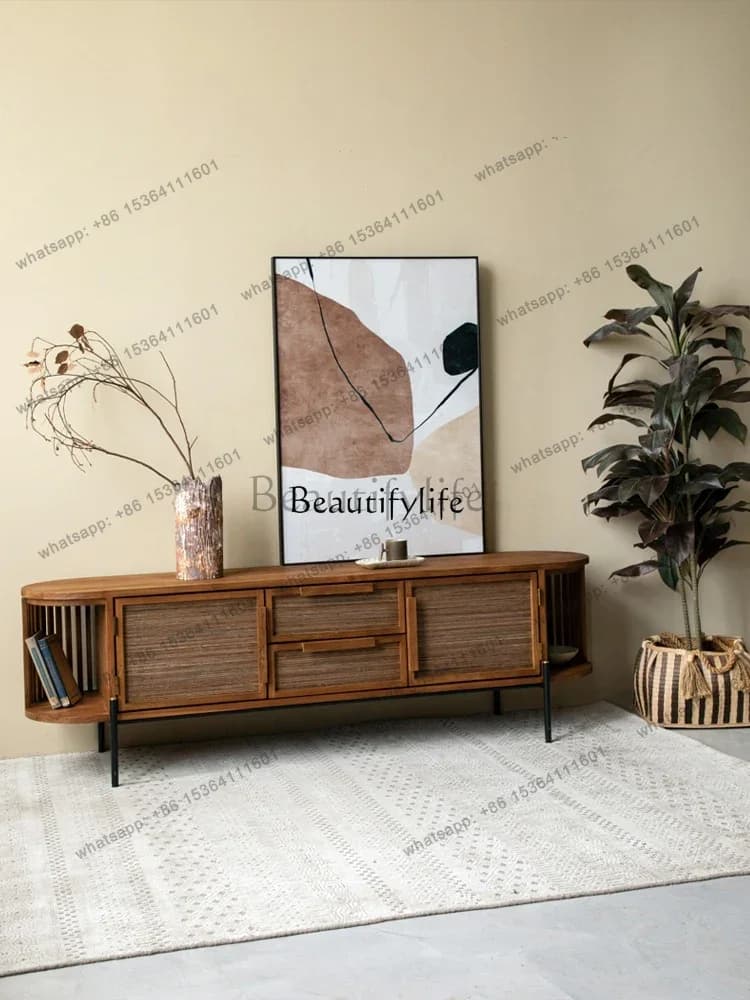 Customization Solid Wood Old Teak TV Stand Small Apartment Living Room Hand-Woven Palm Leaf