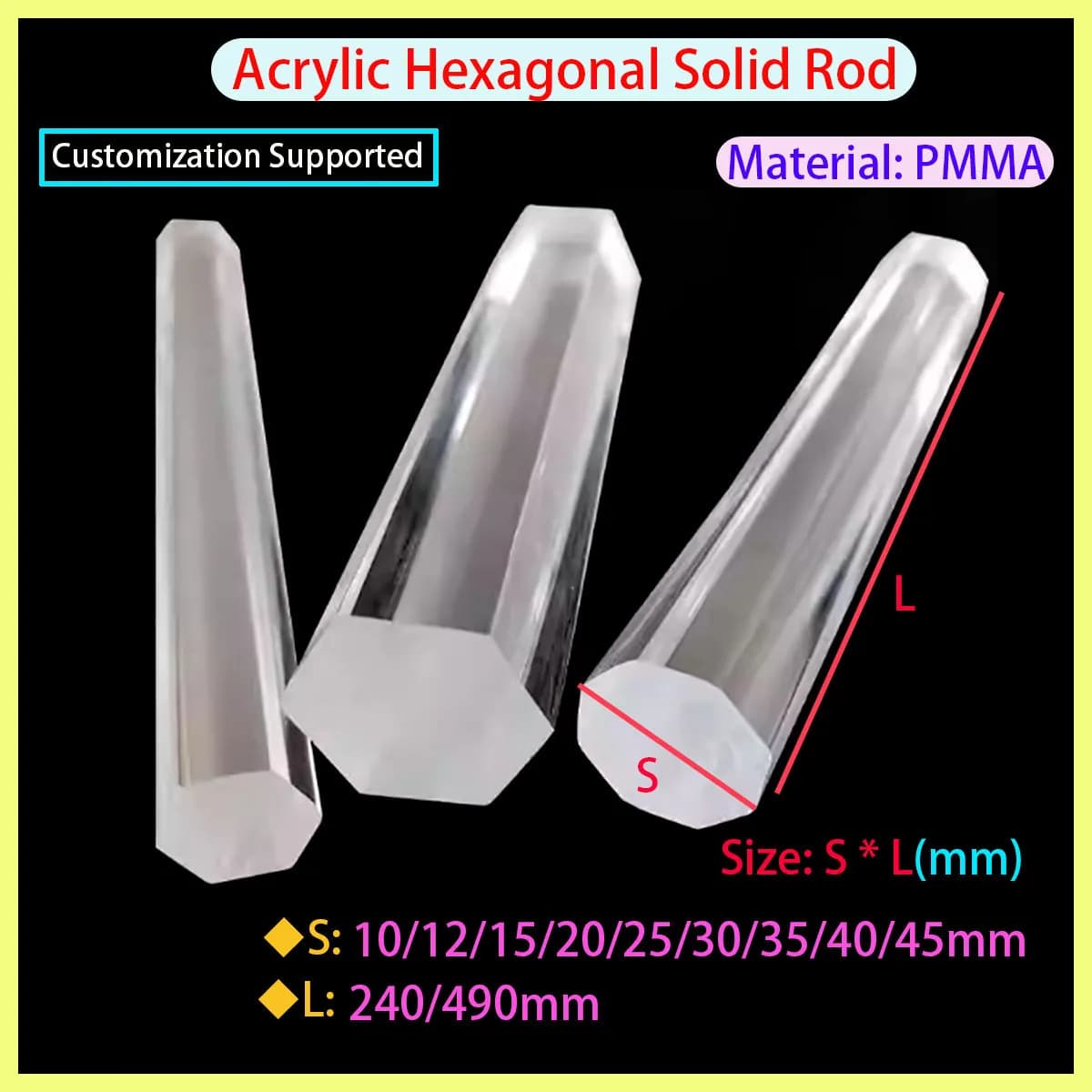 PMMA Long Rod High Transparency Acrylic DIY Material Hexagonal Acrylic Solid Rod