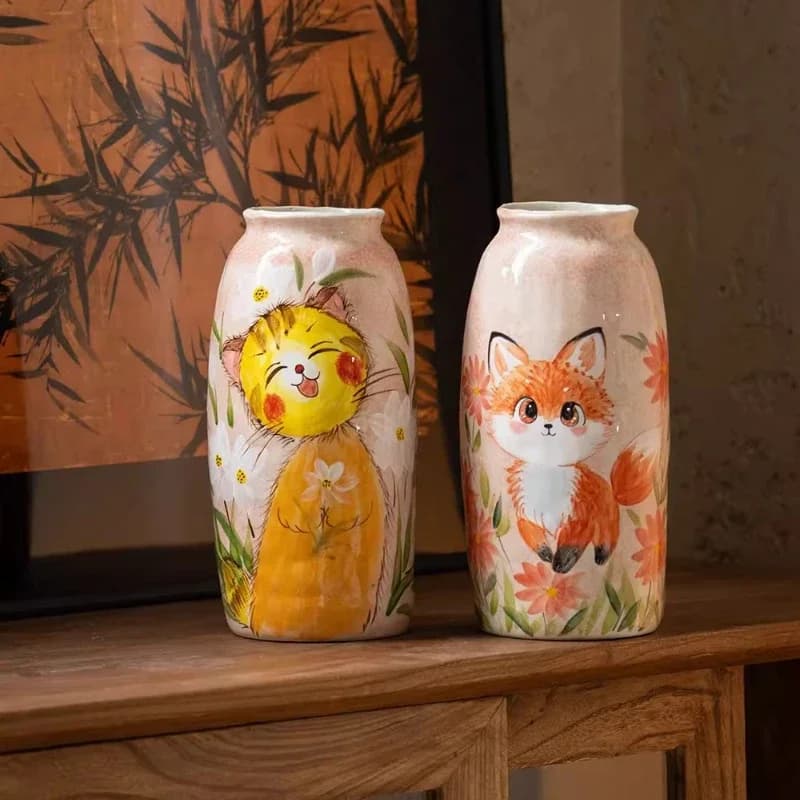 Creative hand-painted animal vase,fox/cat ceramic vase,cute interesting flower vase decoration for home foyer,nordic home decor