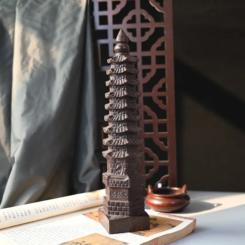 Fragrant Wood Carved 9‑Layer Wenchang Tower Figurine Office Living Room Home Decor Ornament Souvenir Gift