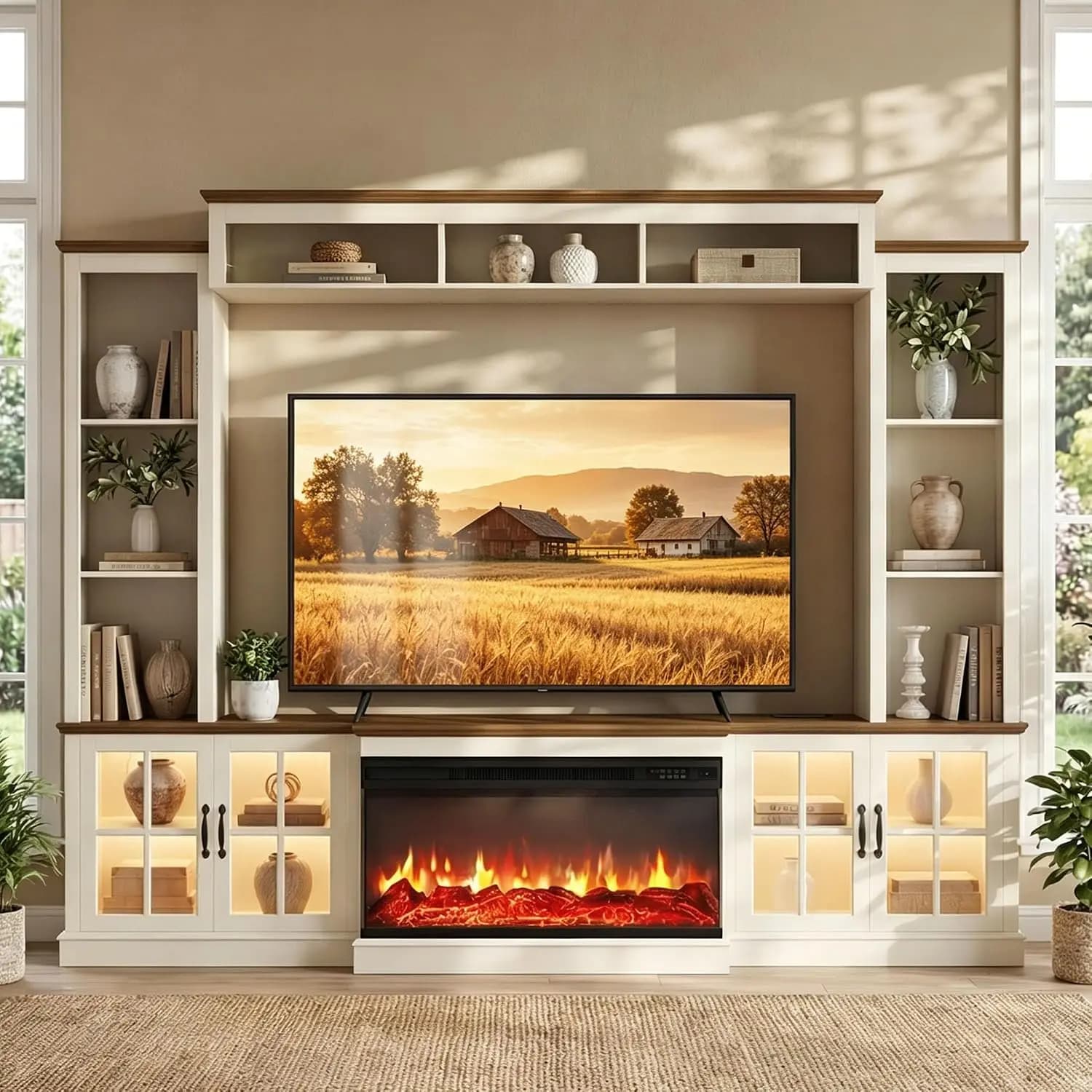 98" Farmhouse Fireplace TV Stand Entertainment Center
