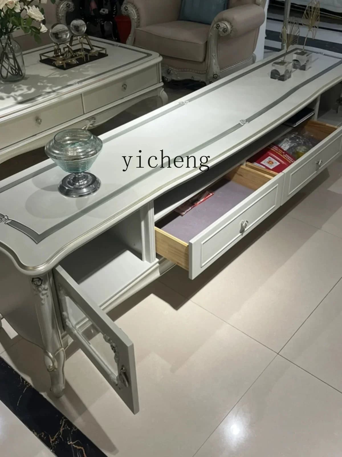 TV cabinet coffee table combination living room solid wood floor cabinet luxury furniture villa video cabinet carving