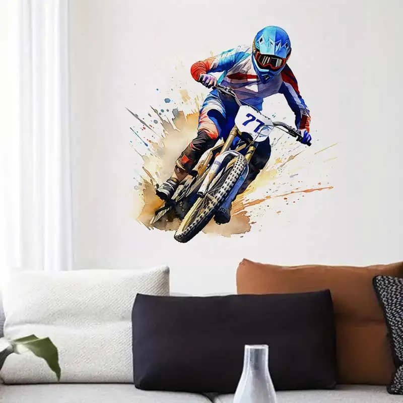 Motocross Watercolor Dirt Bike Rider Wall Stickers Living Room Sofa Background For Home Decor Boy Room Art Decals Sticker M1495