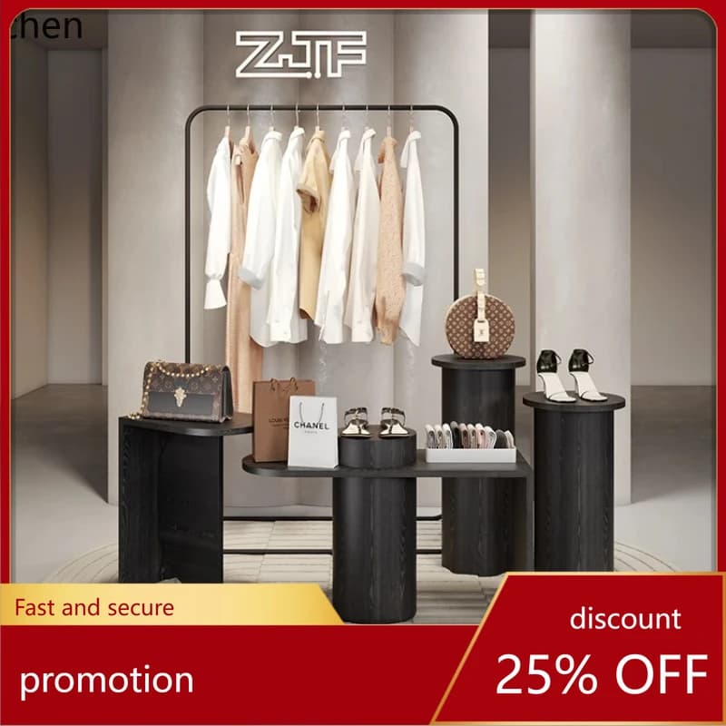 HXL Women's Clothing Store Island Display Counter Black Wood Grain Window Product Display Stand Store Display Rack
