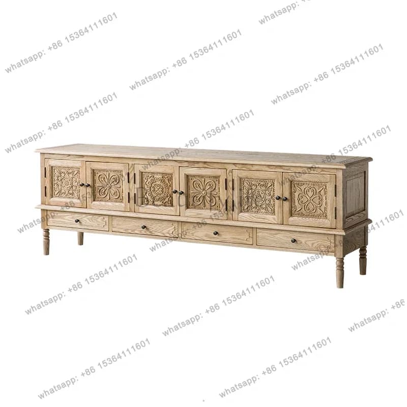FG Vintage pastoral solid wood carving flower TV cabinet combination oak wabi wind living room long floor cabinet storage Nordic