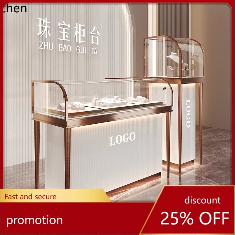 HXL Stainless Steel Jewelry Display Cabinet Gold Jewelry Diamond Watch Jade Antique Glasses Live Props Glass Counter
