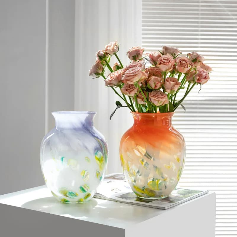 French Style Vintage Luxury Handmade Craft Glass Vase Colorful Gradient Dot Ornament for Living Room Decorative Craft