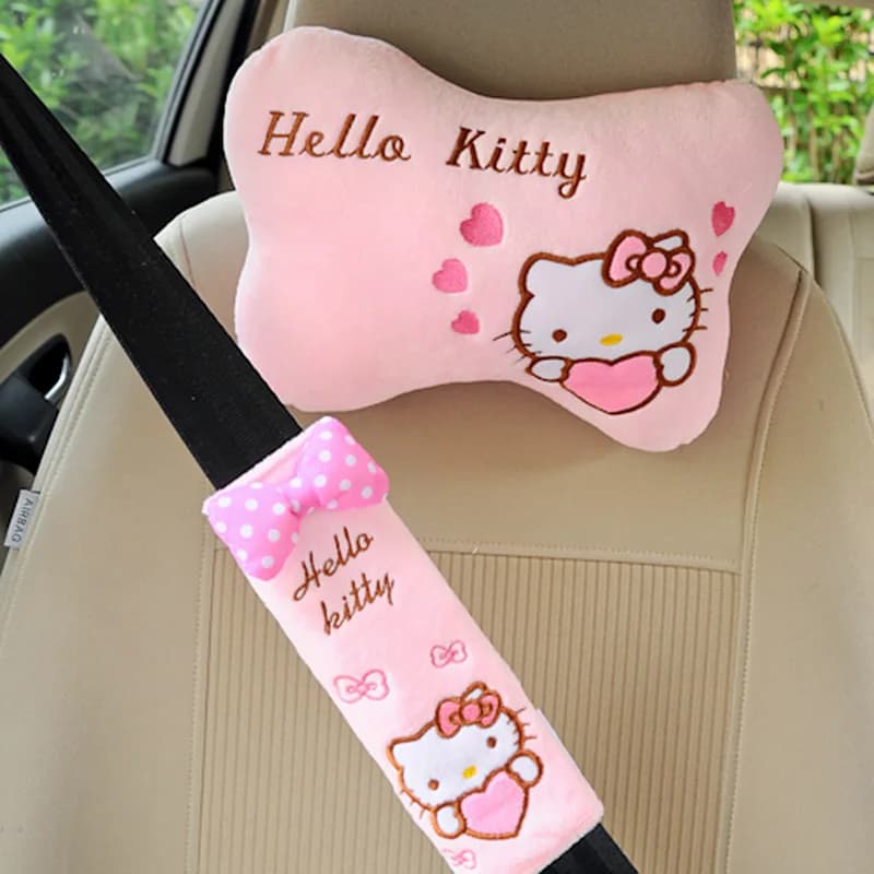 2PCS Sanrio Car Headrest Pillow Winter Warm Plush Doll Neck & Lumbar Support Cushion Adjustable Car Seat Pillow Seat Belt Cover