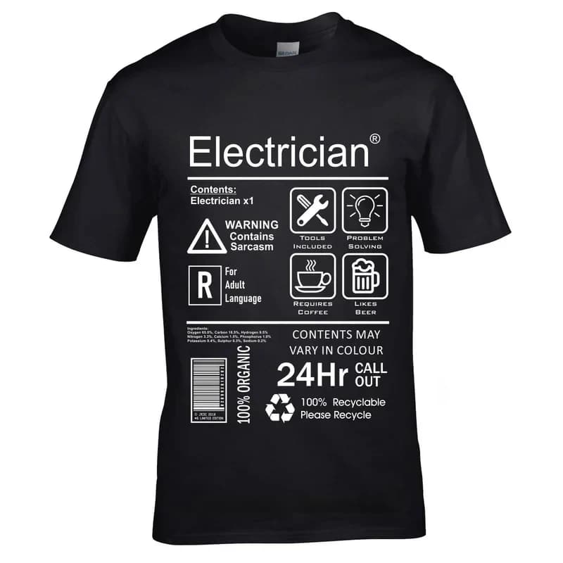 Funny Electrician Package Care Instructions Mens T-Shirts Top Electrical Engineer Summer Men O-Neck Tees Shirt 3D Print Tee