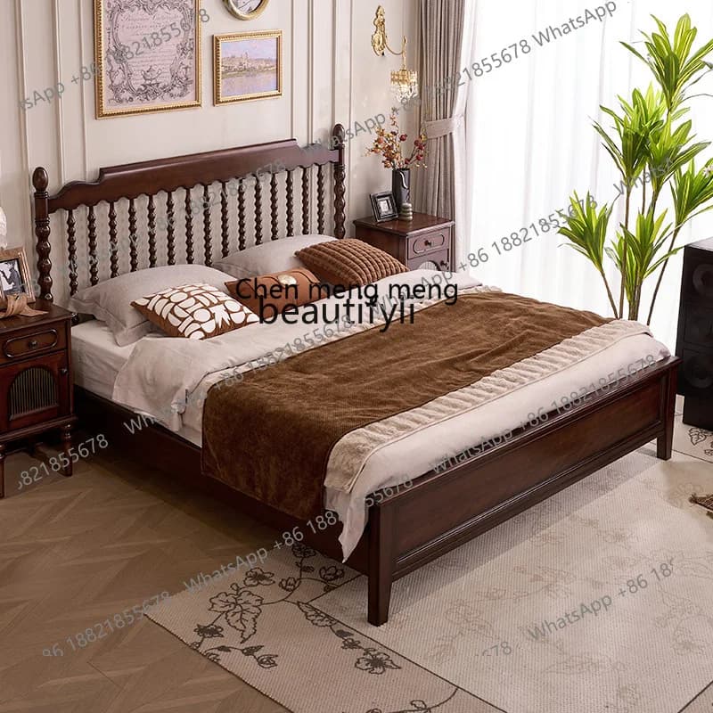 X Medieval style full solid wood bed master bedroom double bed, bedroom furniture high column bed, simple