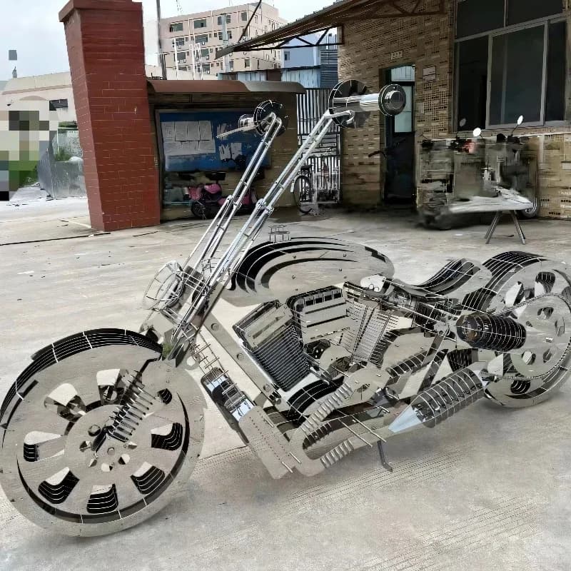 Large outdoor stainless steel motorcycle, metal sculpture decorations, exhibition artworks