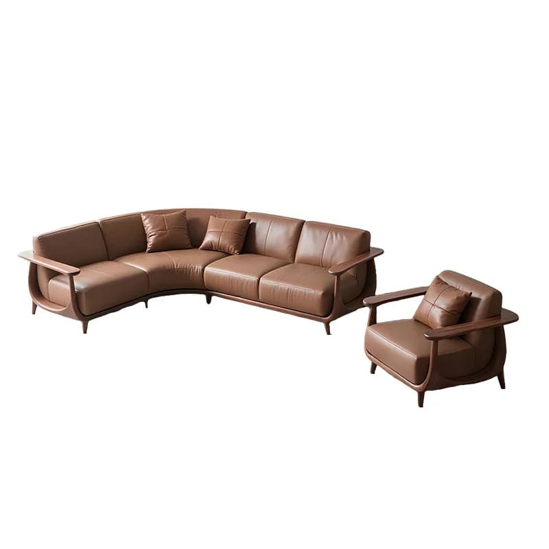 Walnut sofa, living room solid wood sofa, villa leather art straight row sofa