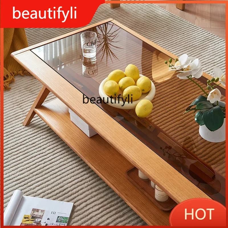 A139 Japanese Style Rattan Tea Table Rectangular Home Living Room Simple Wabi-Sabi Style Tea Table Solid Wood with Storage Tea T