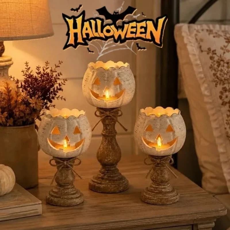 Vintage Pumpkin Face Candle Holder with Pedestal Farmhouse Style Tealight Candlestick Autumn Harvest Home Tabletop Decoration