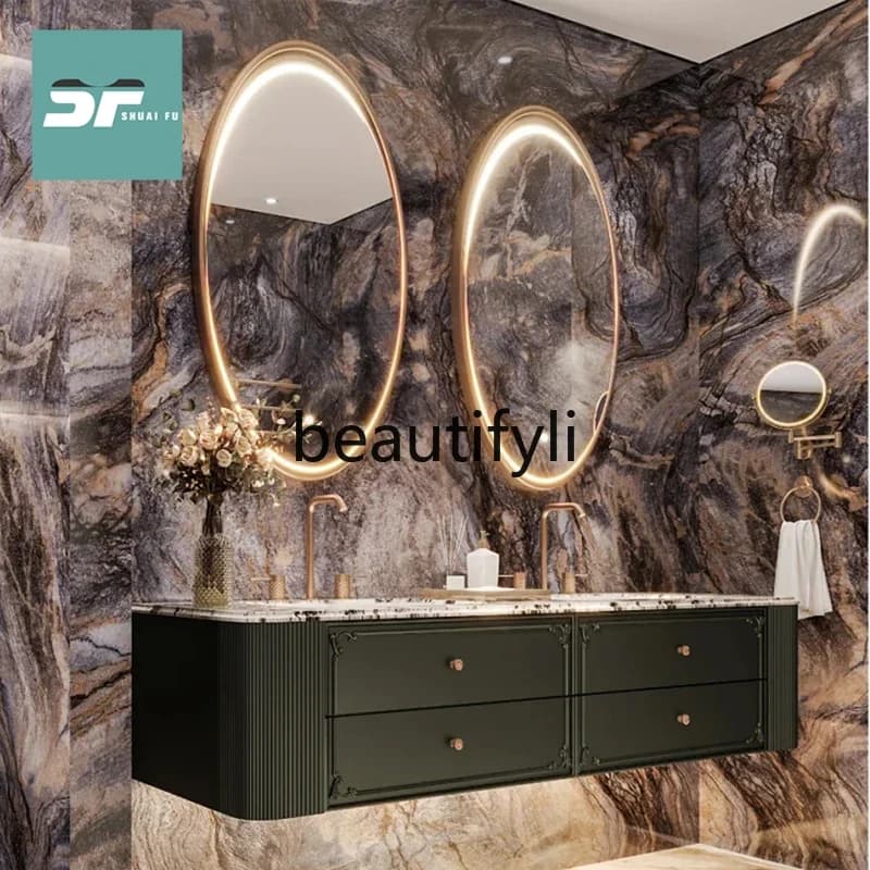 Designer natural luxury stone French solid wood paint bathroom cabinet toilet washstand hand washbasin combination
