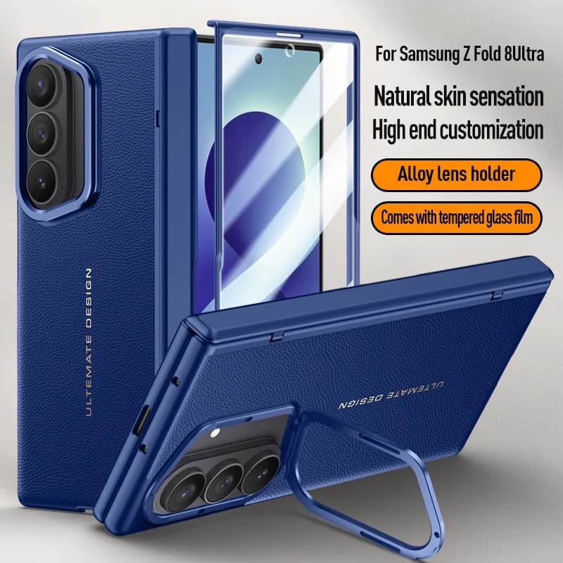 For Samsung Galaxy Z Fold 8 Ultra 5G Case Luxury Matte Leather Folding Hinge With Tempered Film Lens Holder Shockproof Cover