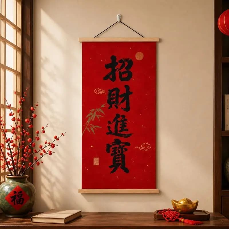 Prosperity Chinese Calligraphy Red Hanging Scroll Wall Art