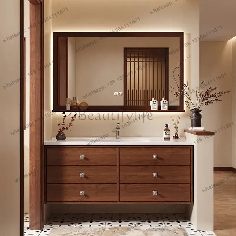Medieval oak bathroom cabinet combination French retro hand wash table ceramic integrated washbasin