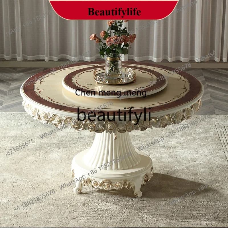 z183 Palace French 1.4M round dining table and chairs combination beech pearlescent white with turntable dining table
