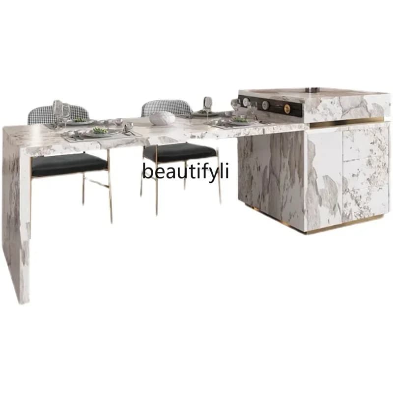 xxqStone Plate Kitchen Island Dining Table Integrated Retractable Medium Kitchen Island Light Luxury Multi-Functional Bar Counte