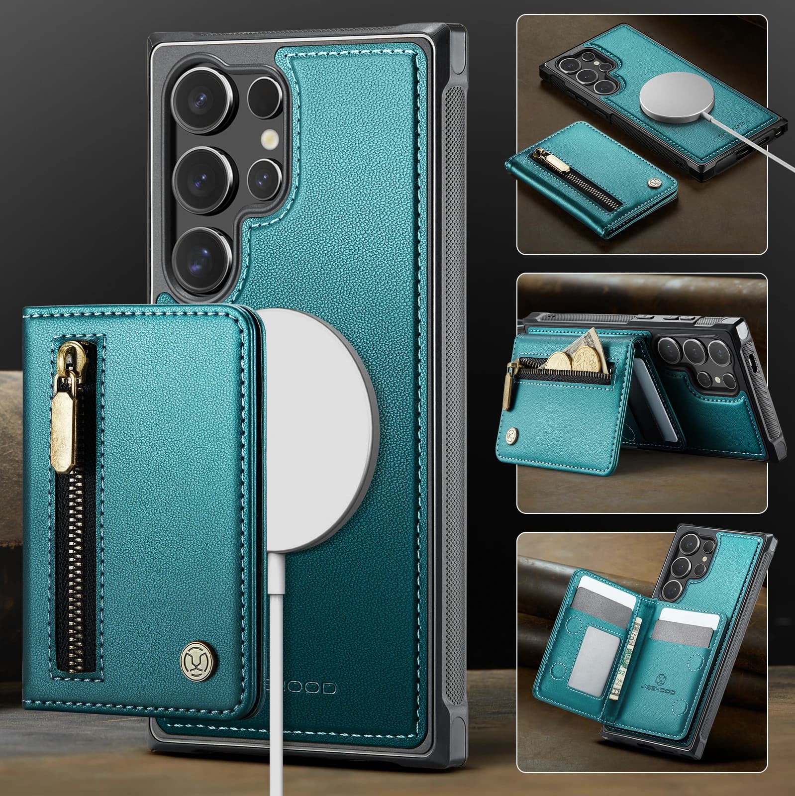 JEEHOOD-J12 Wallet Case for Samsung Galaxy S26 S25 S24 S23 S22 S21 FE S20 Ultra Plus Luxury 2 in 1 Zip Leather Card Holder Cover