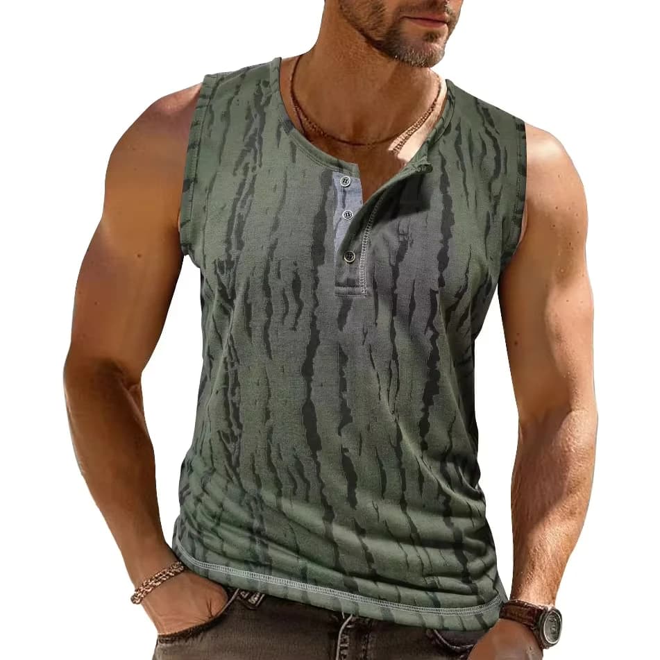 2025 Summer New Fashion American Men's O-neck Sleeveless Casual Trendy Printed Button Pullover Tank Tops Male Clothes T-shirts