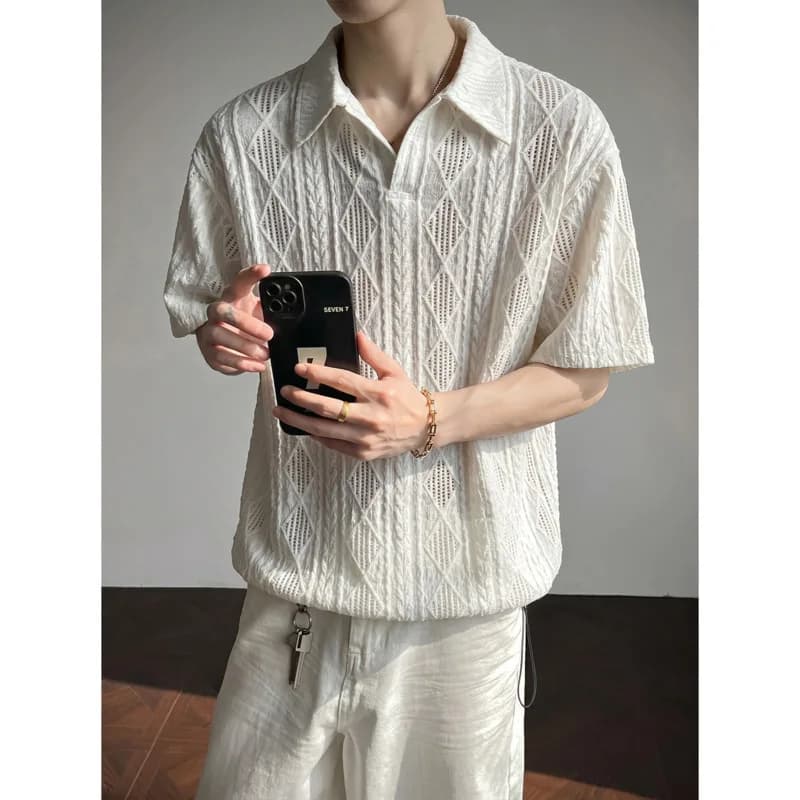 Summer Short Sleeved T-shirt Men Fashion Black Casual T-shirt Men Streetwear Korean Loose Lapel T Shirt Mens Hollow T-shirt