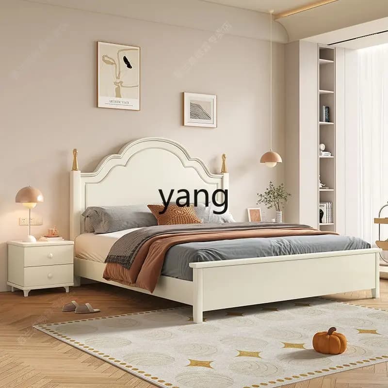 LMM cream American wooden bed simple modern 1.51.8 double bed master bedroom home white storage princess