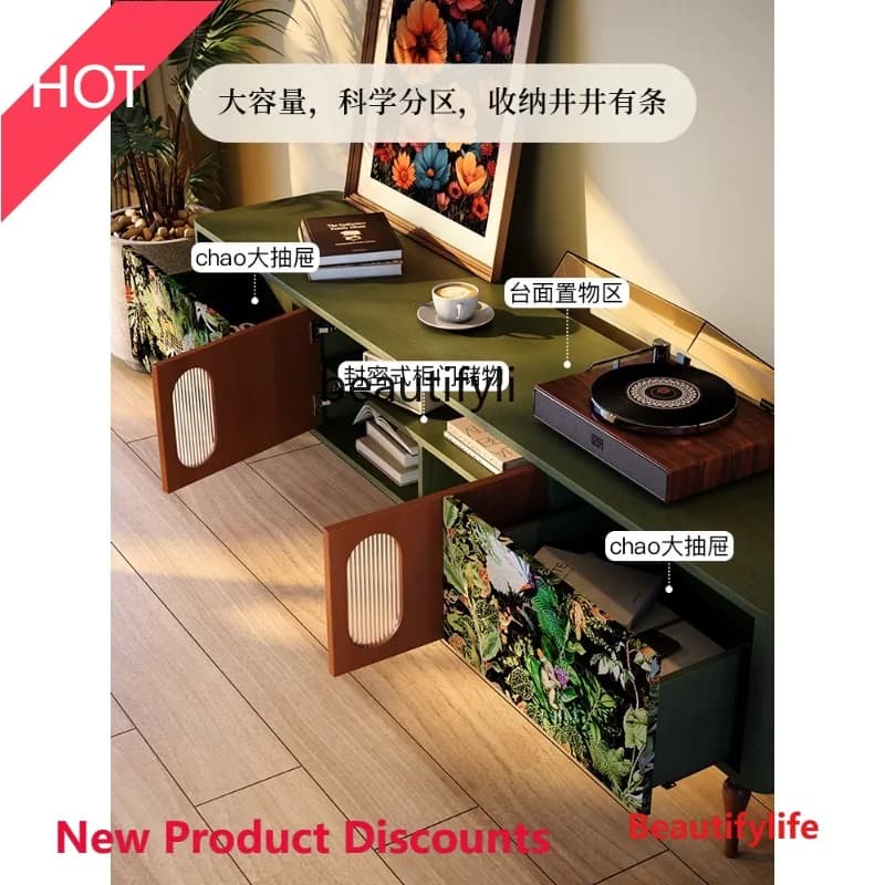 TV Cabinet Living Room French Retro Style Solid Wood TV Cabinet White Ash Wood Vintage Floor Storage Cabinet  hr