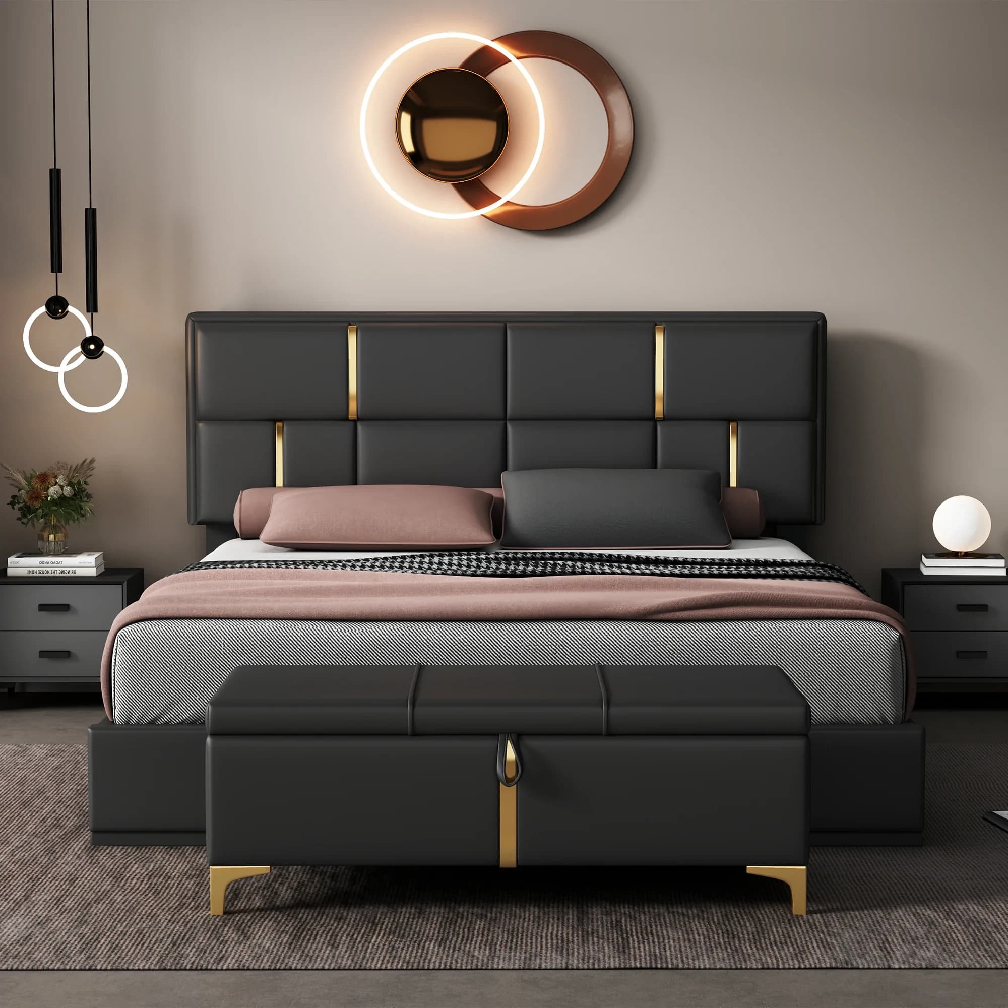 2-Pieces Bedroom Sets Queen Size Upholstered Platform Bed With Hydraulic Storage System Storage Ottoman With Metal Leg in Black