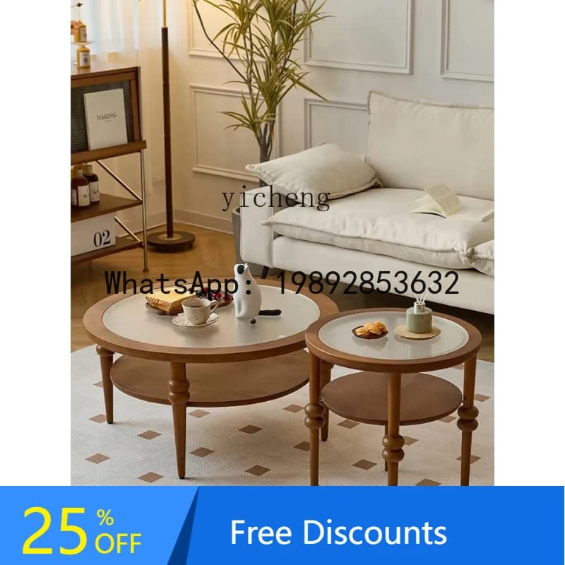 light luxury retro solid wood round coffee table living room household small apartment simple round table glass coffee table