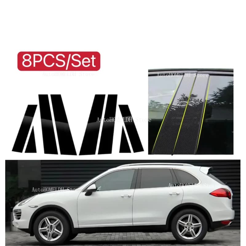 8PCS Glossy Black Pillar Posts Fit For Porsche Cayenne 92A Chassis E2 2011-2017 Window Door Column B C Sticker Cover Carbon