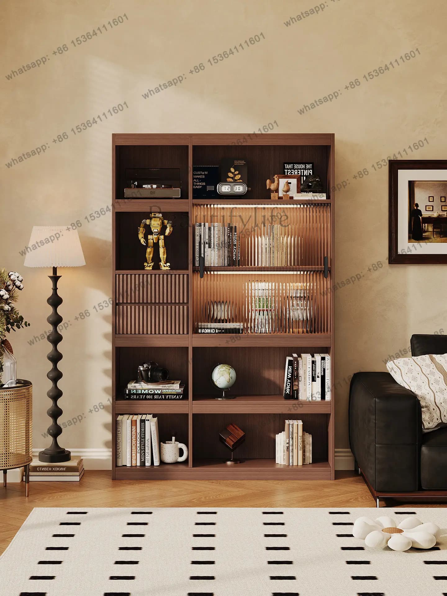 A vintage-style bookcase with glass doors and solid wood display for the living room