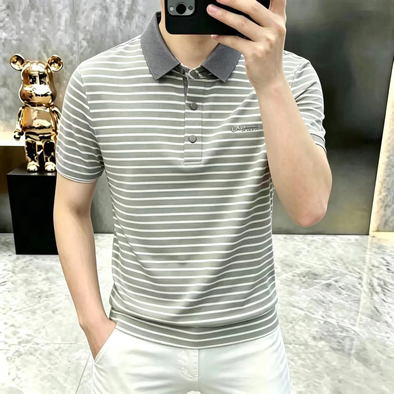 2026 Summer Men's New Style Anti-Static Silk-Feeling Striped Fashion Casual Polo Shirt Collar T-shirt