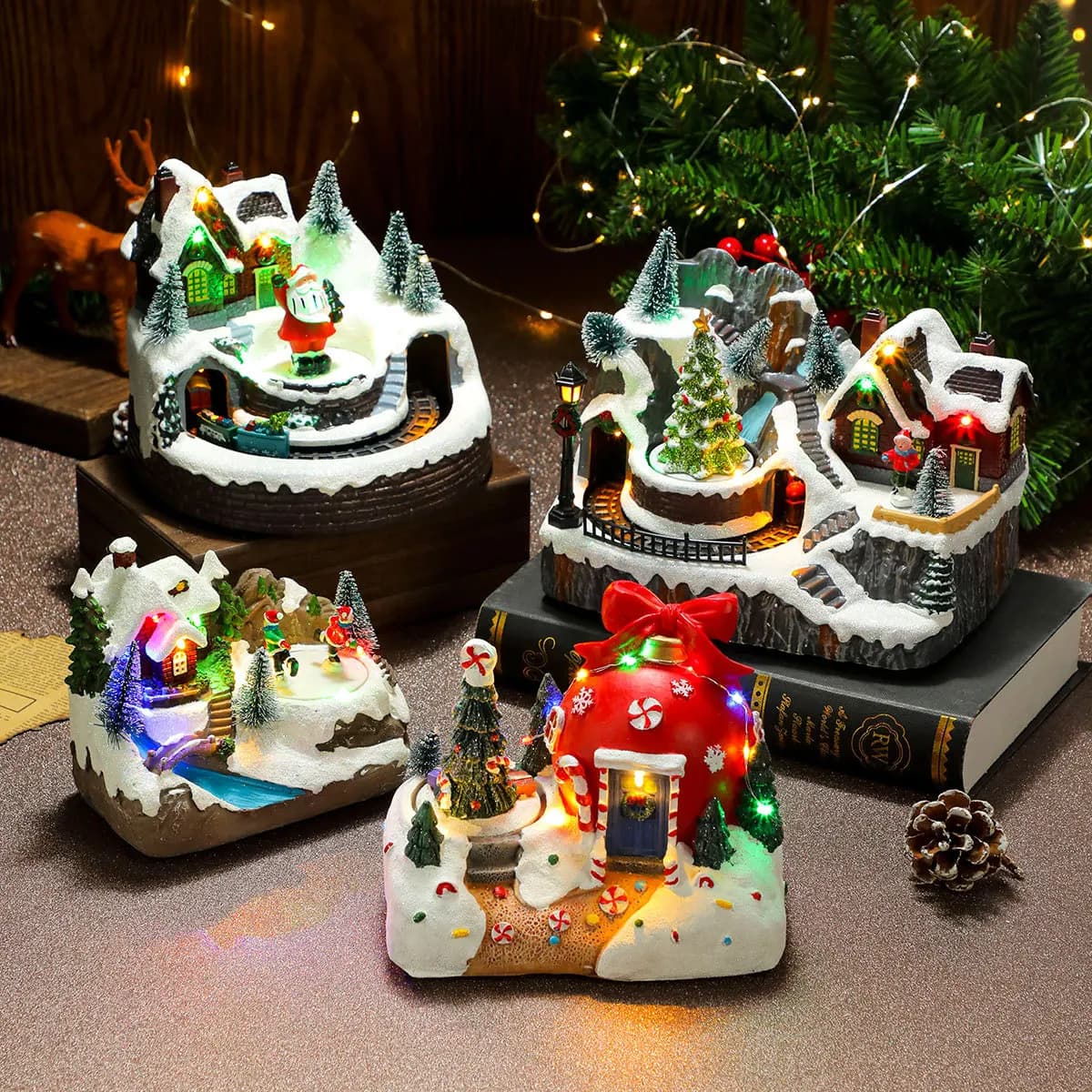 A Variety of High-end Atmosphere Christmas Rotating Resin Luminous Ornaments Rotating Little Train Decorations Christmas Gifts