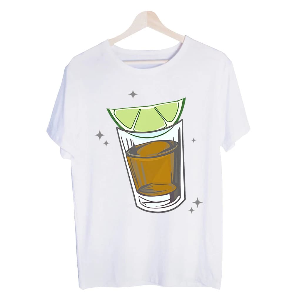 Men's Tequila Shot with Lime Graphic Tee, Short Sleeve Crew Neck T-Shirt for Casual Party and Summer Outfits