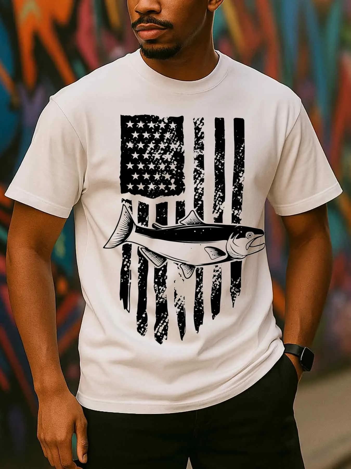 Funny Fishing Graphic American Flag Anglers Gift T-Shirt 100% Cotton O-Neck Short Sleeve Summer Casual Mens T-shirt Streetwear