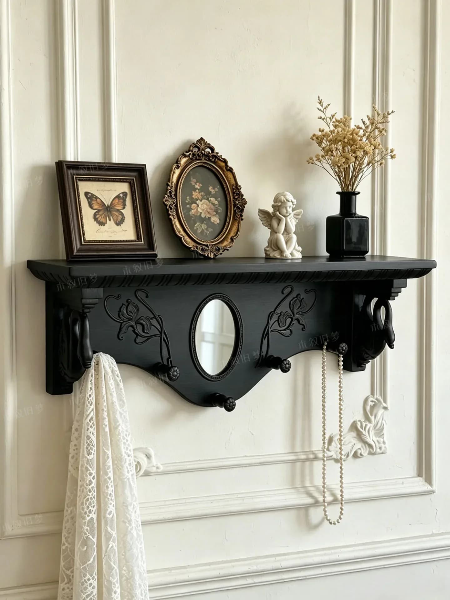 y9.3-Solid wood swan shelf B & B hotel medieval style with mirror decorative frame wall-mounted art style