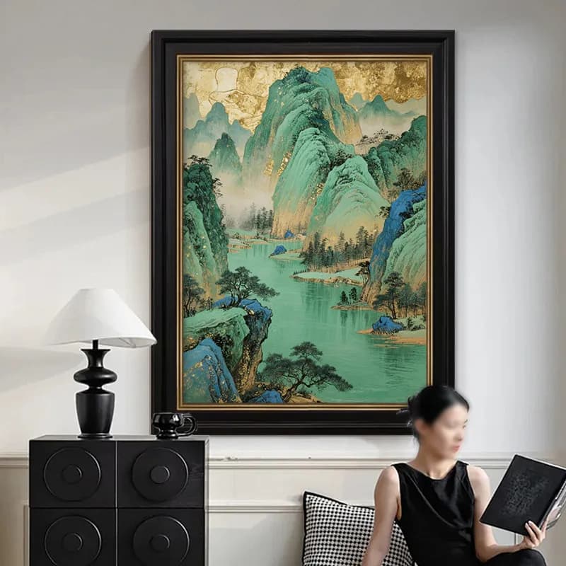 CX Qingshan Jubao Pure hand-painted oil painting New Chinese living room decorative painting