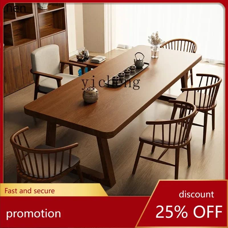HXL Solid Wood Large Board Tea Table and Chairs Natural Wood Living Room Office Tea Table