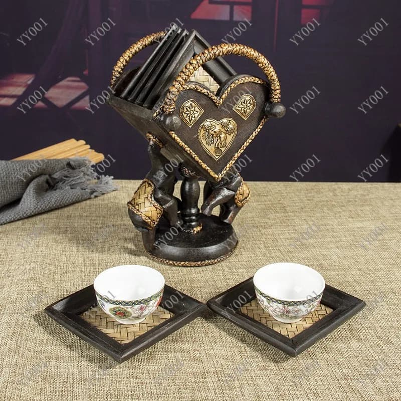 Thai Wooden Coaster Set with Bamboo Woven Heat Insulation Tea Cup Pad for Home