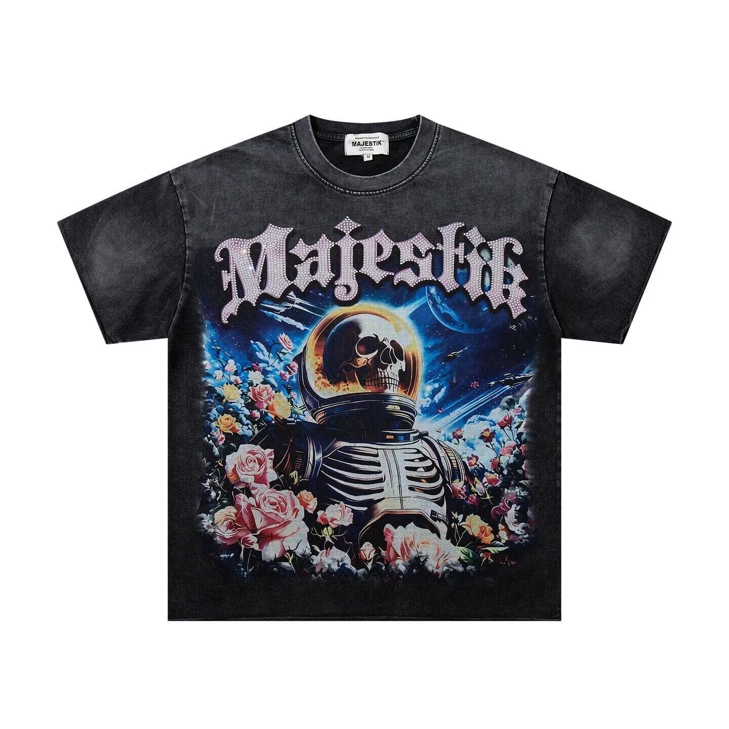MAJESTIK Embroidered Diamond Skull Print Short-Sleeved T-Shirt, Washed and Weathered Loose Retro Top