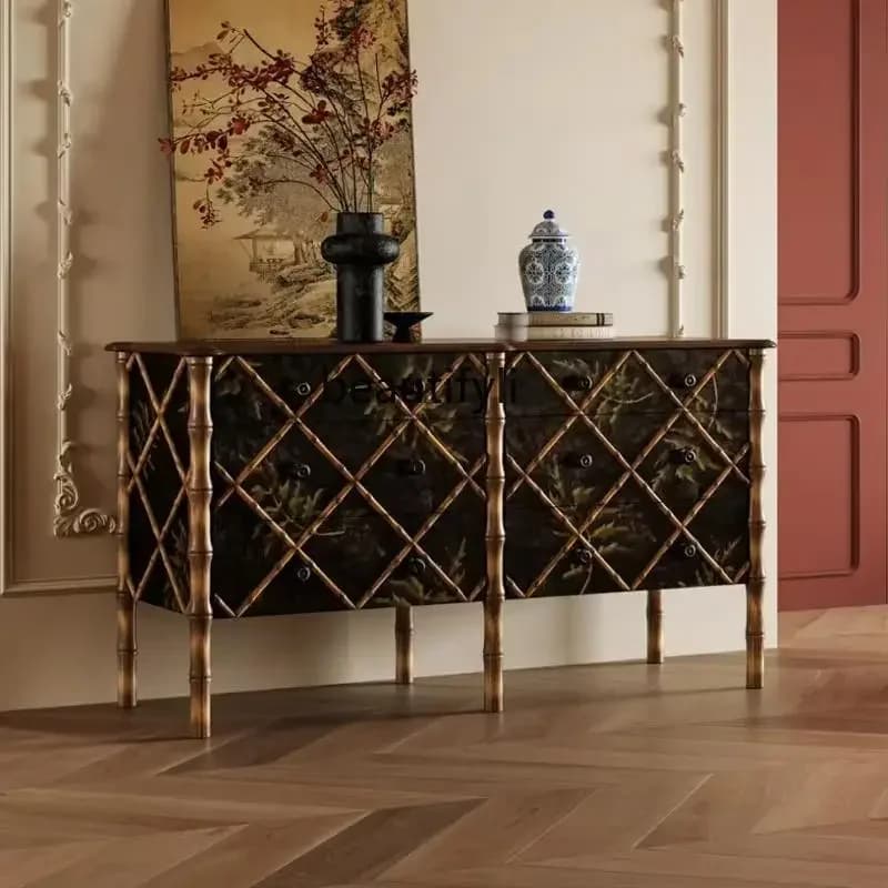 French Retro Solid Wood Storage TV Cabinet with Painted Drawers and Bamboo Grain Entryway Cabinet