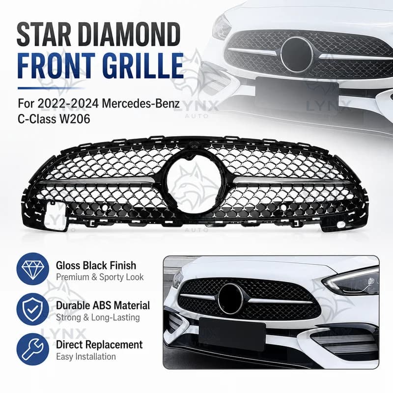 Gloss Black Star Diamond Starry Sky Front Intake Radiator Grille For 2022-2024 Mercedes-Benz C-Class W206 Modified
