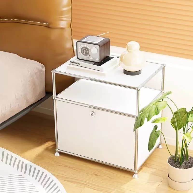 Medieval Bedside Table Hotel Bedroom Cabinet Stainless Steel Side Cabinet Sofa Storage Nightstand Wood Integrated Chest Cabinet