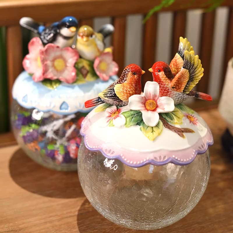 Love Birds Ceramic Canister Glass Lid Storage Jar for Wedding Gifts Home Decor Figurines Kitchen Container for Sugar/Cookies