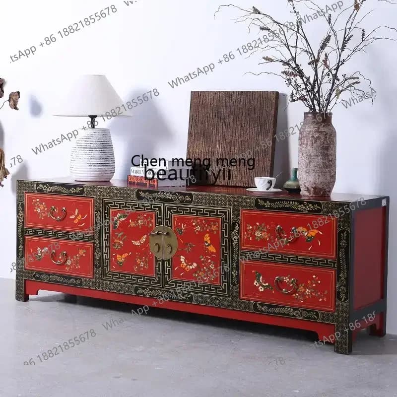 ss8350 New Chinese-style painted TV cabinet, living room floor cabinet, solid wood antique storage, retro side cabinet furniture